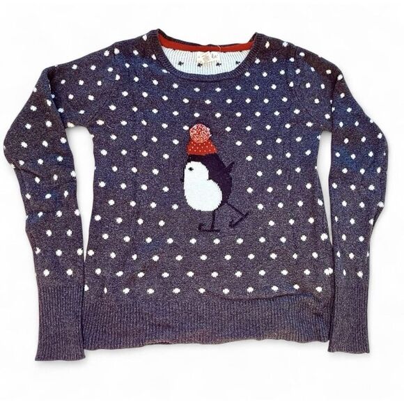 Women's S Gray Shrinking Violet Holiday Winter Ice Skating Bird Penguin Sweater - Picture 6 of 7